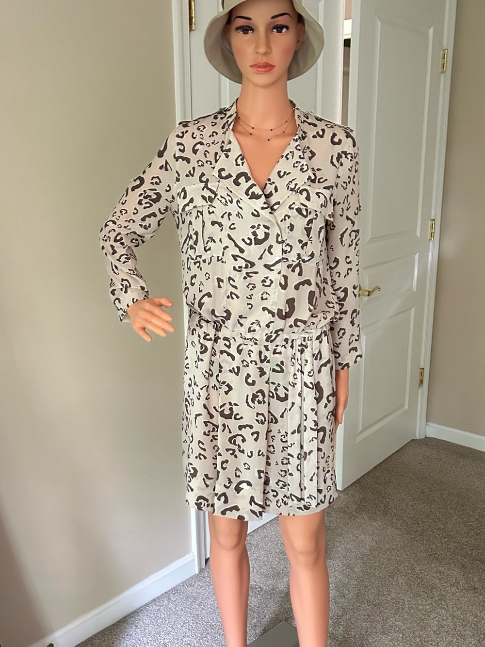 BCBGMaxAzria Beige and Brown Leopard Print Long-Sleeve Shirt Dress
